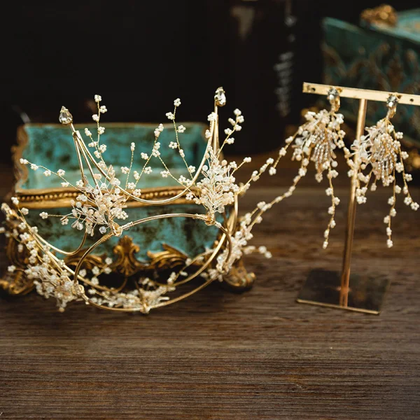 Charming Gold Bridal Jewelry 2020 Alloy Metal Beading Tiara Earrings Wedding Accessories