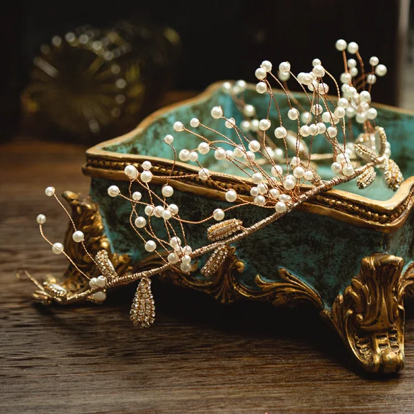 Piękne Złote Ozdoby Do Włosów Ślubne 2020 Metal Stop Perła Rhinestone Tiara Ślub Akcesoria