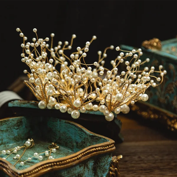 Charming Gold Bridal Jewelry 2020 Alloy Metal Rhinestone Pearl Tiara Tassel Earrings Wedding Accessories