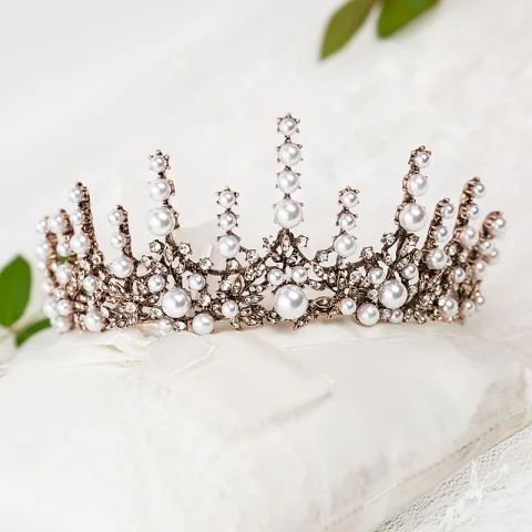 Vintage Bronze Haarschmuck Braut  2020 Metall Strass Perle Diadem Hochzeit Brautaccessoires