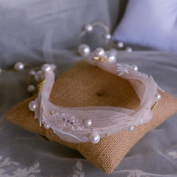 Chic / Beautiful Blushing Pink Headbands Bridal Hair Accessories 2020 Tulle Appliques Lace Pearl Tassel Headpieces Wedding Accessories