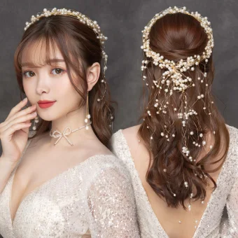 Elegant Gold Headbands Bridal Jewelry 2020 Alloy Pearl Headpieces Necklace Tassel Earrings Wedding Accessories