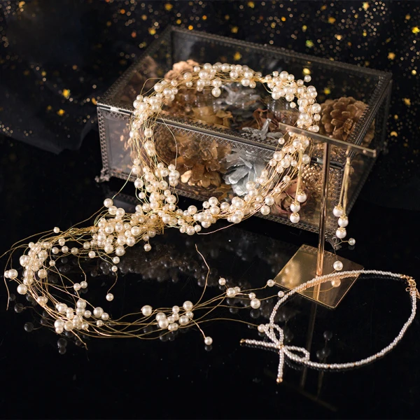 Eleganta Guld Pannband Brudsmycken 2020 Legering Pärla Hårsmycken Halsband Tassel Örhängen Bröllop Tillbehör