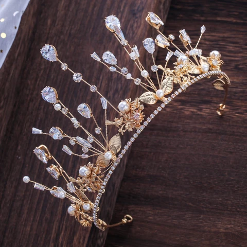 Chic / Beautiful Gold Tiara Bridal Hair Accessories 2020 Metal Zircon Beading Rhinestone Pearl Wedding Accessories