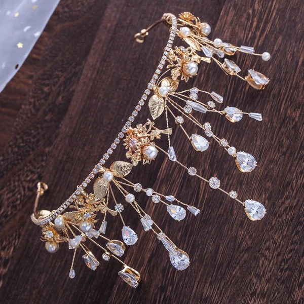 Mooie / Prachtige Goud Tiara Bruids Haaraccessoires 2020 Metaal Zirkonium Kralen Rhinestone Parel Huwelijk Accessoires