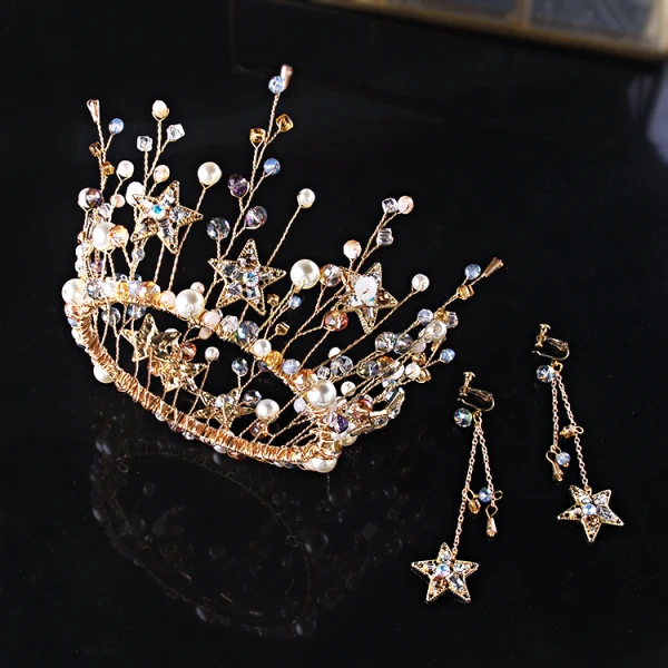 Chic / Beautiful Gold Bridal Jewelry 2020 Alloy Beading Pearl Star Tassel Earrings Wedding Accessories
