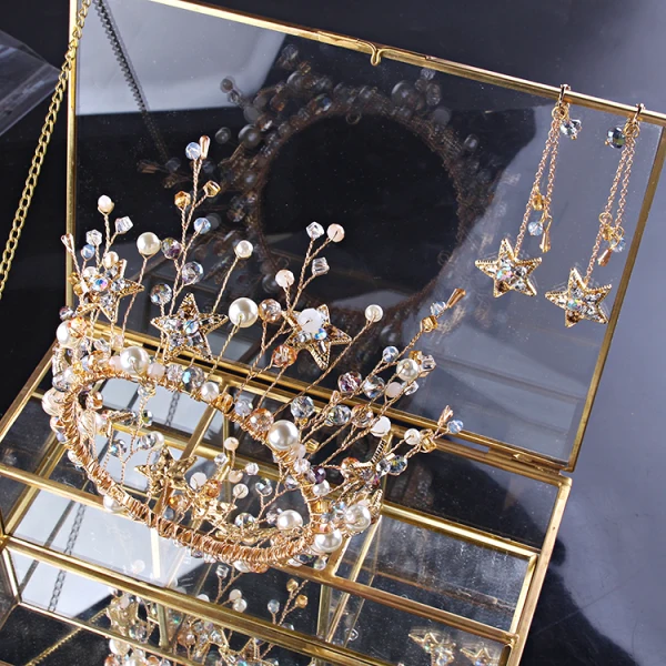 Chic / Beautiful Gold Bridal Jewelry 2020 Alloy Beading Pearl Star Tassel Earrings Wedding Accessories