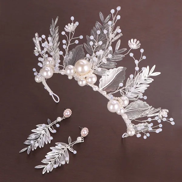 Flower Fairy Silver Leaf Bridal Jewelry 2020 Metal Beading Pearl Tiara Earrings Wedding Accessories