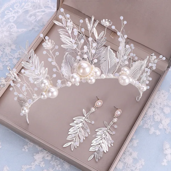Flower Fairy Silver Leaf Bridal Jewelry 2020 Metal Beading Pearl Tiara Earrings Wedding Accessories