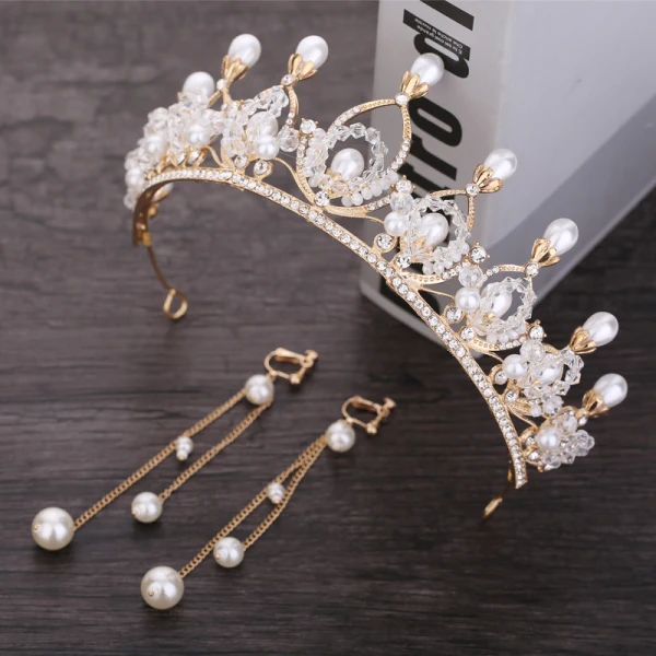 Chic / Beautiful Gold Bridal Jewelry 2020 Metal Beading Rhinestone Pearl Tiara Tassel Earrings Wedding Accessories