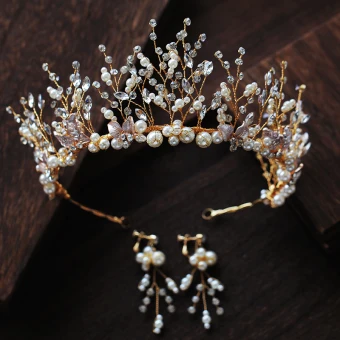 Charming Gold Bridal Jewelry 2020 Alloy Pearl Rhinestone Tiara Earrings Wedding Accessories