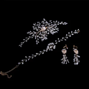 Schlicht Gold Brautschmuck 2020 Legierung Perle Perlenstickerei Kopfschmuck Halskette Quaste Ohrringe Hochzeit Brautaccessoires