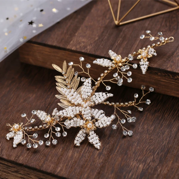 Chic / Beautiful Gold Bridal Hair Accessories 2020 Metal Leaf Rhinestone Beading Headpieces Wedding Accessories