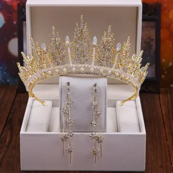 Chic Beautiful Gold Bridal Jewelry 2020 Metal Rhinestone Pearl Tiara Flower Tassel Earrings Wedding Accessories