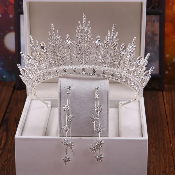Chic / Beautiful Gold Bridal Jewelry 2020 Metal Rhinestone Pearl Tiara Flower Tassel Earrings Wedding Accessories