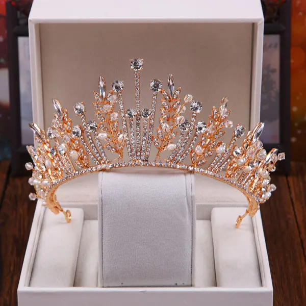 Chic / Beautiful Gold Bridal Jewelry 2020 Metal Rhinestone Pearl Tiara Flower Tassel Earrings Wedding Accessories