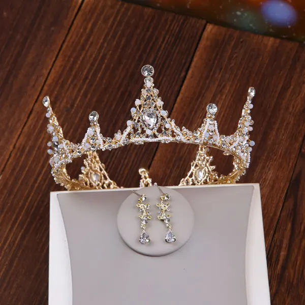 Fine Gull Brudesmykker 2020 Metall Beading Rhinestone Tiara Øredobber Halskjede Bryllup Tilbehør