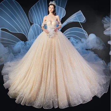 Elegant Champagne Wedding Dresses 2020 Ball Gown Off The Shoulder Short Sleeve Backless Beading Glitter Tulle Cathedral Train Ruffle
