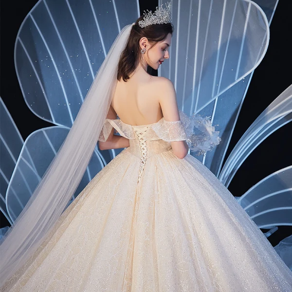 Elegant Champagne Wedding Dresses 2020 Ball Gown Off-The-Shoulder Short Sleeve Backless Beading Glitter Tulle Cathedral Train Ruffle