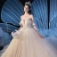 Elegant Champagne Wedding Dresses 2020 Ball Gown Off-The-Shoulder Short Sleeve Backless Beading Glitter Tulle Cathedral Train Ruffle