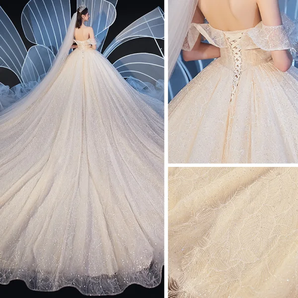 Elegant Champagne Wedding Dresses 2020 Ball Gown Off-The-Shoulder Short Sleeve Backless Beading Glitter Tulle Cathedral Train Ruffle