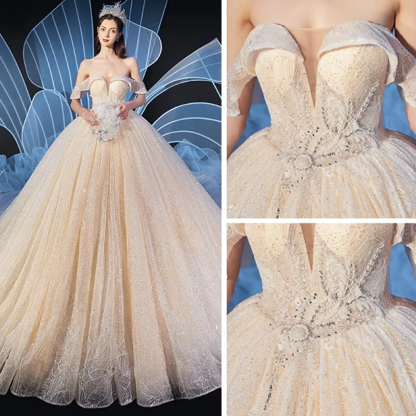 Elegant Champagne Wedding Dresses 2020 Ball Gown Off-The-Shoulder Short Sleeve Backless Beading Glitter Tulle Cathedral Train Ruffle