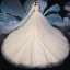 Glitzernden Champagner Brautkleider / Hochzeitskleider 2020 Ballkleid Off Shoulder Durchsichtige V-Ausschnitt Kurze Ärmel Rückenfreies Perlenstickerei Glanz Pailletten Tülle Kathedrale Schleppe Rüschen