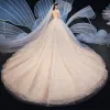 Chic / Beautiful Champagne Wedding Dresses 2020 Ball Gown Sweetheart Backless Sleeveless Beading Glitter Tulle Cathedral Train Ruffle
