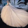 Chic / Beautiful Champagne Wedding Dresses 2020 Ball Gown Sweetheart Backless Sleeveless Beading Glitter Tulle Cathedral Train Ruffle