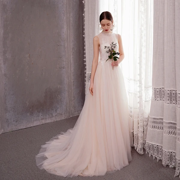 Elegant Light Champagne Outdoor / Garden Wedding Dresses 2020 A-Line / Princess High Neck Sleeveless Appliques Lace Sweep Train Ruffle