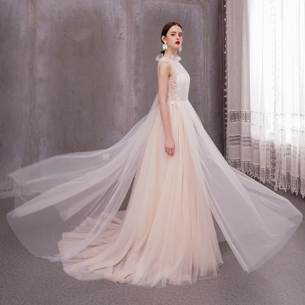 Elegant Light Champagne Outdoor / Garden Wedding Dresses 2020 A-Line / Princess High Neck Sleeveless Appliques Lace Sweep Train Ruffle