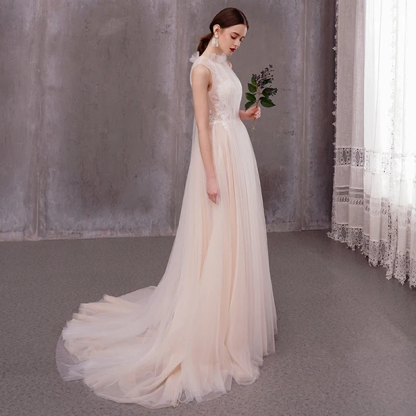 Elegant Light Champagne Outdoor / Garden Wedding Dresses 2020 A-Line / Princess High Neck Sleeveless Appliques Lace Sweep Train Ruffle