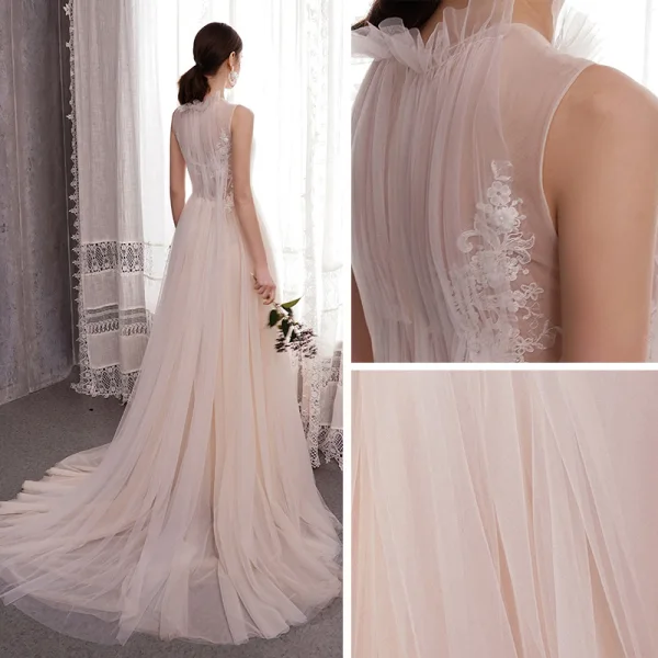 Elegant Light Champagne Outdoor / Garden Wedding Dresses 2020 A-Line / Princess High Neck Sleeveless Appliques Lace Sweep Train Ruffle