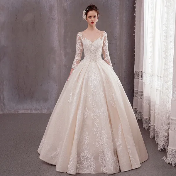 Luxury / Gorgeous Champagne Wedding Dresses 2020 A-Line / Princess V-Neck 3/4 Sleeve Backless Glitter Tulle Beading Appliques Lace Floor-Length / Long Ruffle