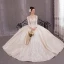 Luxury / Gorgeous Champagne Wedding Dresses 2020 A-Line / Princess V-Neck 3/4 Sleeve Backless Glitter Tulle Beading Appliques Lace Floor-Length / Long Ruffle