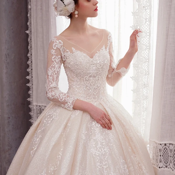 Luxury / Gorgeous Champagne Wedding Dresses 2020 A-Line / Princess V-Neck 3/4 Sleeve Backless Glitter Tulle Beading Appliques Lace Floor-Length / Long Ruffle