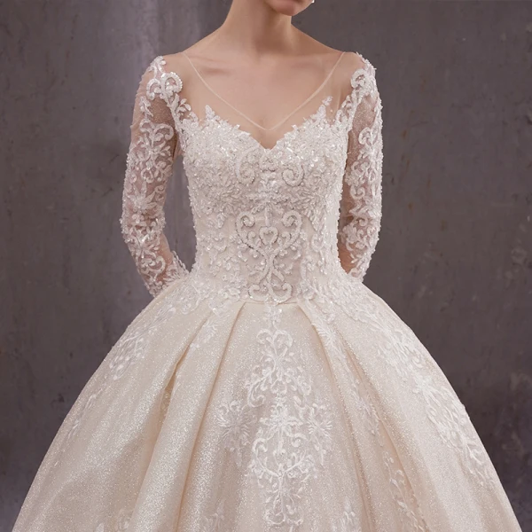 Luxury / Gorgeous Champagne Wedding Dresses 2020 A-Line / Princess V-Neck 3/4 Sleeve Backless Glitter Tulle Beading Appliques Lace Floor-Length / Long Ruffle
