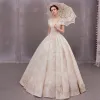 Luxury / Gorgeous Champagne Outdoor / Garden Wedding Dresses 2020 A-Line / Princess V-Neck Short Sleeve Backless Beading Pearl Appliques Lace Floor-Length / Long Ruffle
