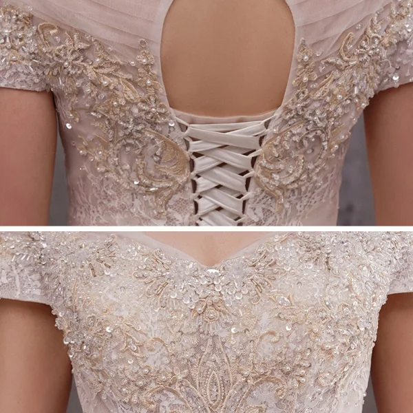 Lyx Champagne Trädgård / Utomhus Bröllopsklänningar 2020 Prinsessa V-Hals Korta ärm Halterneck Beading Pärla Appliqués Spets Långa Ruffle