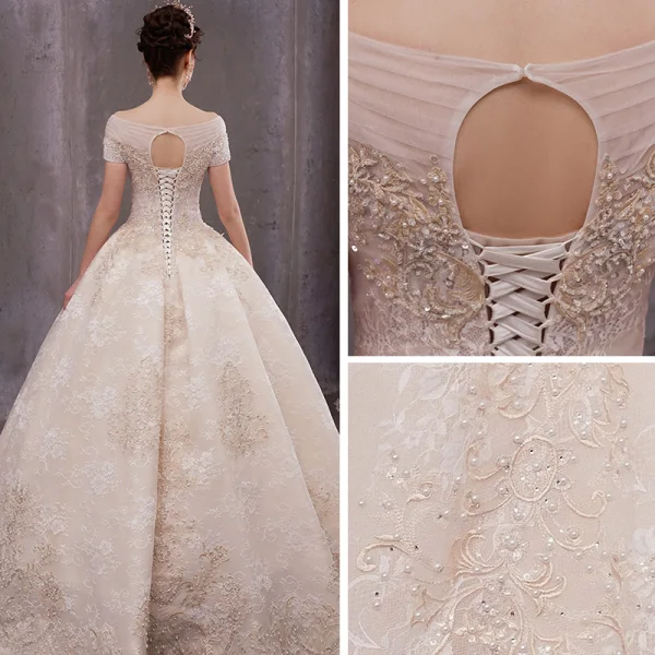 Lyx Champagne Trädgård / Utomhus Bröllopsklänningar 2020 Prinsessa V-Hals Korta ärm Halterneck Beading Pärla Appliqués Spets Långa Ruffle
