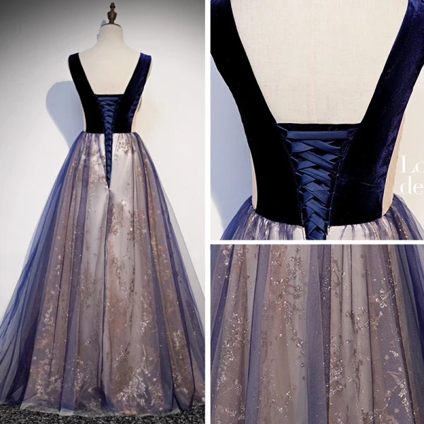 Chic / Beautiful Royal Blue See-through Prom Dresses 2020 A-Line / Princess V-Neck Sleeveless Glitter Tulle Floor-Length / Long Ruffle Backless Formal Dresses
