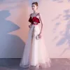 Piękne Szampan Sukienki Wieczorowe 2020 Princessa Spaghetti Pasy Bez Rękawów Aplikacje Z Koronki Długie Wzburzyć Bez Pleców Sukienki Wizytowe