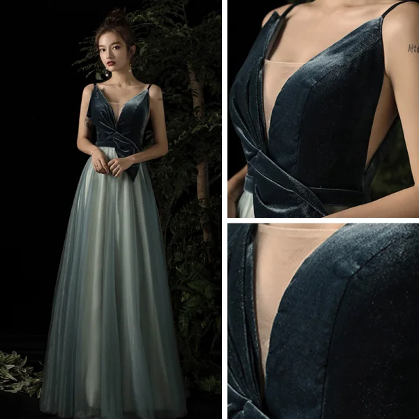 Élégant Bleu D'encre Robe De Soirée 2020 Princesse Bretelles Spaghetti Sans Manches Longue Volants Dos Nu Robe De Ceremonie
