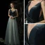 Élégant Bleu D'encre Robe De Soirée 2020 Princesse Bretelles Spaghetti Sans Manches Longue Volants Dos Nu Robe De Ceremonie