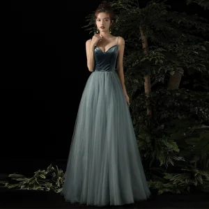 Sexy Bleu D Encre Daim Transparentes Robe De Soirée 2020 Princesse Perlage Bretelles Spaghetti Sans Manches Longue Volants Dos Nu Robe De Ceremonie