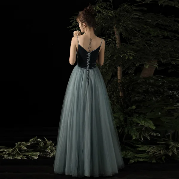 Sexy Bleu D'encre Daim Transparentes Robe De Soirée 2020 Princesse Perlage Bretelles Spaghetti Sans Manches Longue Volants Dos Nu Robe De Ceremonie