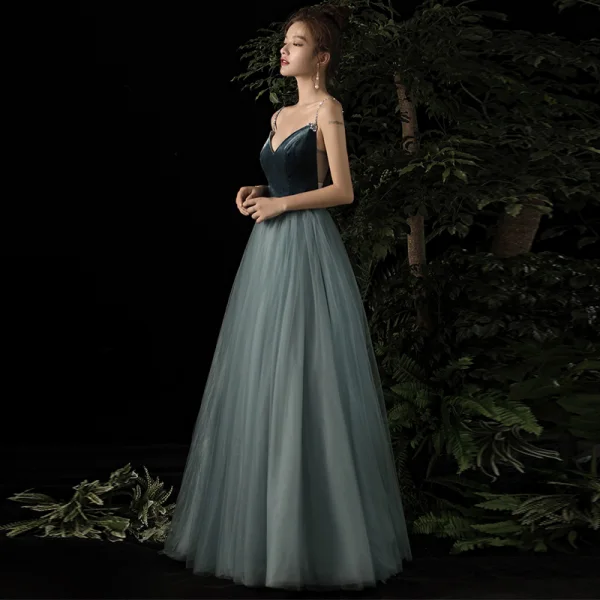 Sexy Bleu D'encre Daim Transparentes Robe De Soirée 2020 Princesse Perlage Bretelles Spaghetti Sans Manches Longue Volants Dos Nu Robe De Ceremonie