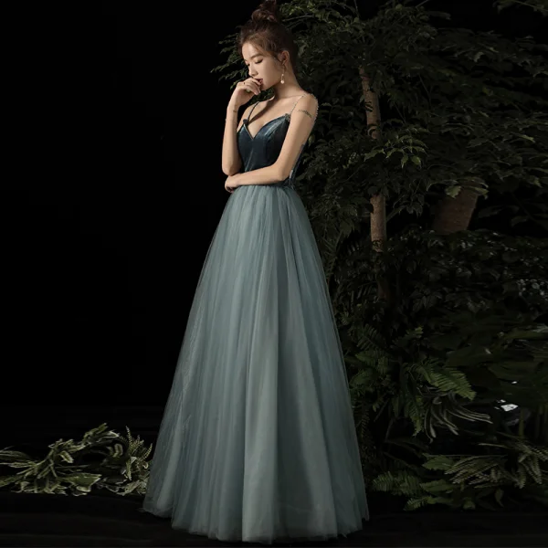 Sexy Bleu D'encre Daim Transparentes Robe De Soirée 2020 Princesse Perlage Bretelles Spaghetti Sans Manches Longue Volants Dos Nu Robe De Ceremonie
