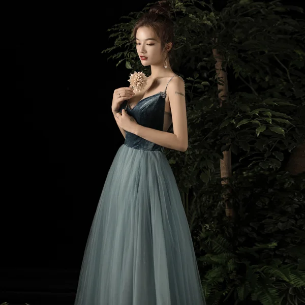Sexy Bleu D'encre Daim Transparentes Robe De Soirée 2020 Princesse Perlage Bretelles Spaghetti Sans Manches Longue Volants Dos Nu Robe De Ceremonie