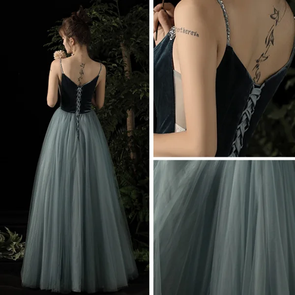 Sexy Bleu D'encre Daim Transparentes Robe De Soirée 2020 Princesse Perlage Bretelles Spaghetti Sans Manches Longue Volants Dos Nu Robe De Ceremonie